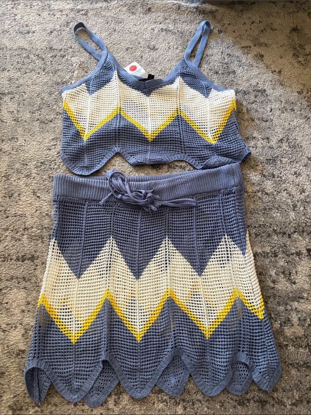 Almost Famous Blue White Yellow Crochet Chevron Two-Piece Set